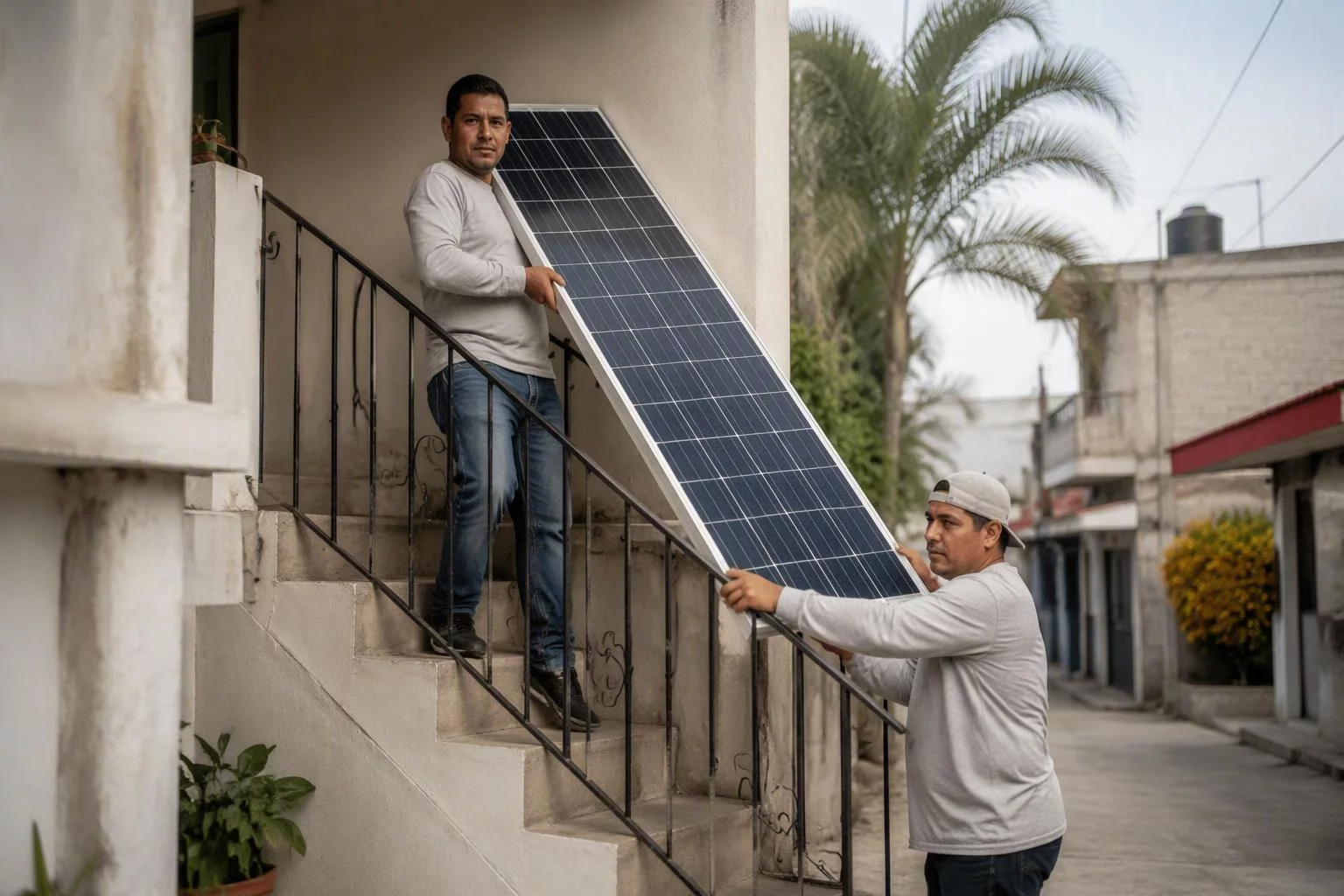 Instalador subiendo un módulo solar por la escalera exterior de una casa mientras un compañero lo sostiene desde abajo